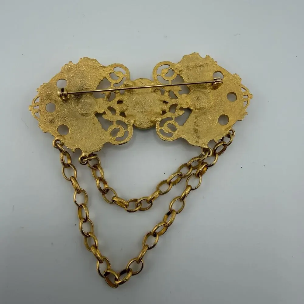 Vintage Victorian Revival Festoon Brooch Blue Rhinestone Gold Tone Chatelaine